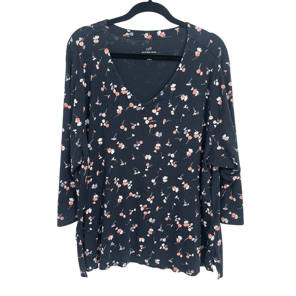 J. Jill V-Neck Top Women 4X Black Floral 3/4 Sleeve Pima Cotton Plus Size Tee